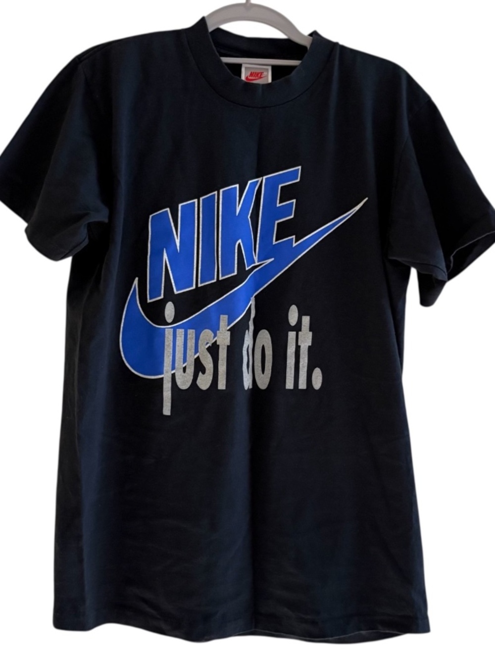 Vintage 90s Nike Just Do It T-Shirt Made in USA Blue Swoosh Single Stitch MEDIUM